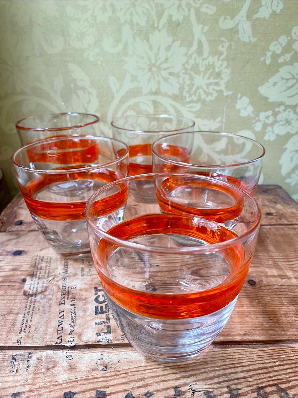 Vintage Crate&Barrel Clear Glass Tumblers with Orange Band, Set of 5